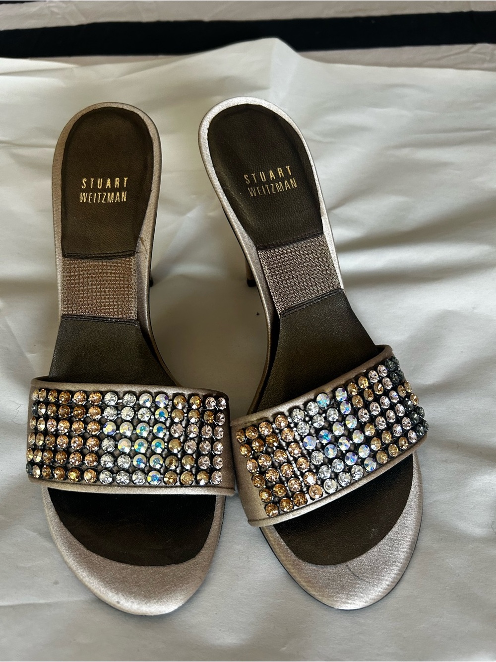 Stuart Weitzman Crystal-Embellished Silver Slide Mules